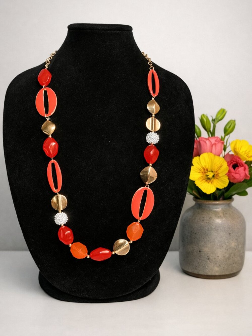 Gold Tone Coral & Orange Mixed Bead Necklace